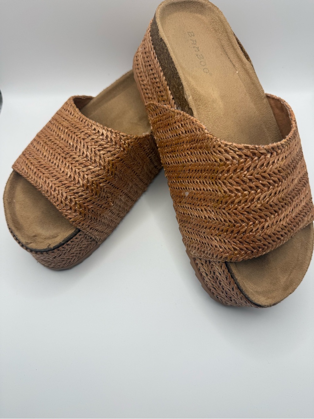 BAMBOO Woven Slide Platform Mules in Tan Brown
